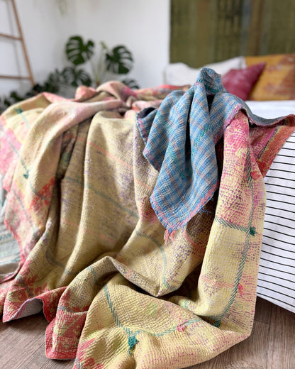 Large Textured Vintage Kantha Quilt In Soft Yellow, Green, Pink and Blue - Biggs & Hill
