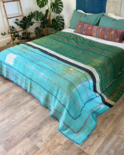 Extra Large Fine Stitched Embroidered Vintage Kantha Quilt in Green, Blue and Terracotta