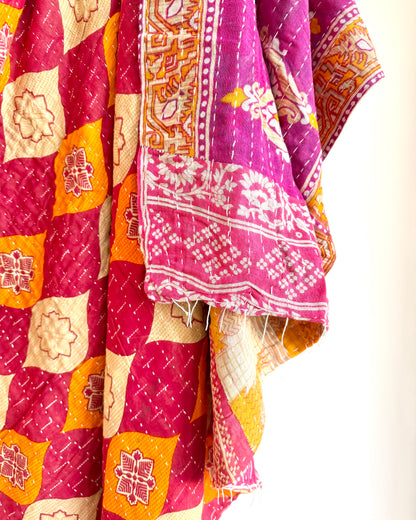 Vintage Cotton Kantha Quilt With Pink And Orange Diamond Pattern #40
