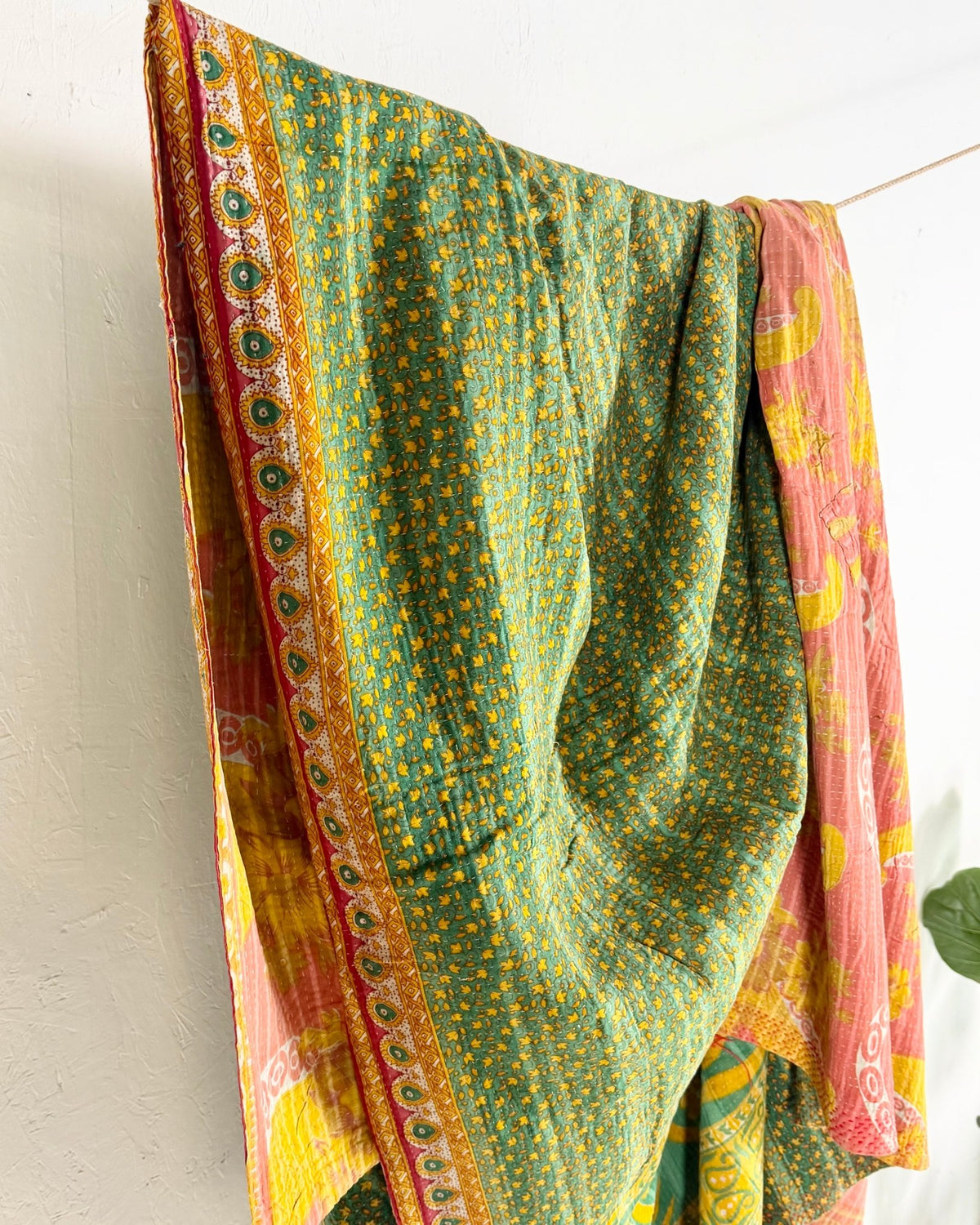 Extra Large Fine Stitched Vintage Kantha Quilt in Pink, Yellow and Green - Biggs & Hill