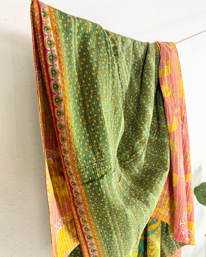 Extra Large Fine Stitched Vintage Kantha Quilt in Pink, Yellow and Green - Biggs & Hill