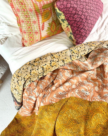Fine Stitched Vintage Kantha Quilt in Peachy Pink and Mustard - Biggs & Hill