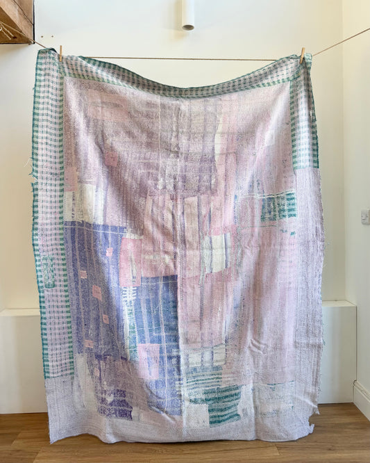 Project Kantha Quilt: Pink, Green and Blue With Aged Texture