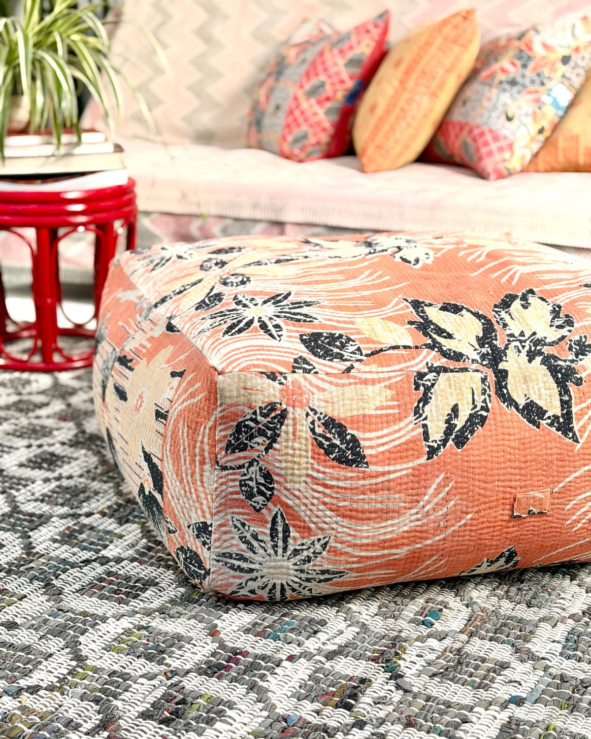 Extra Large Square Pouf Cushion Cover In Pink and Black Floral - Biggs & Hill