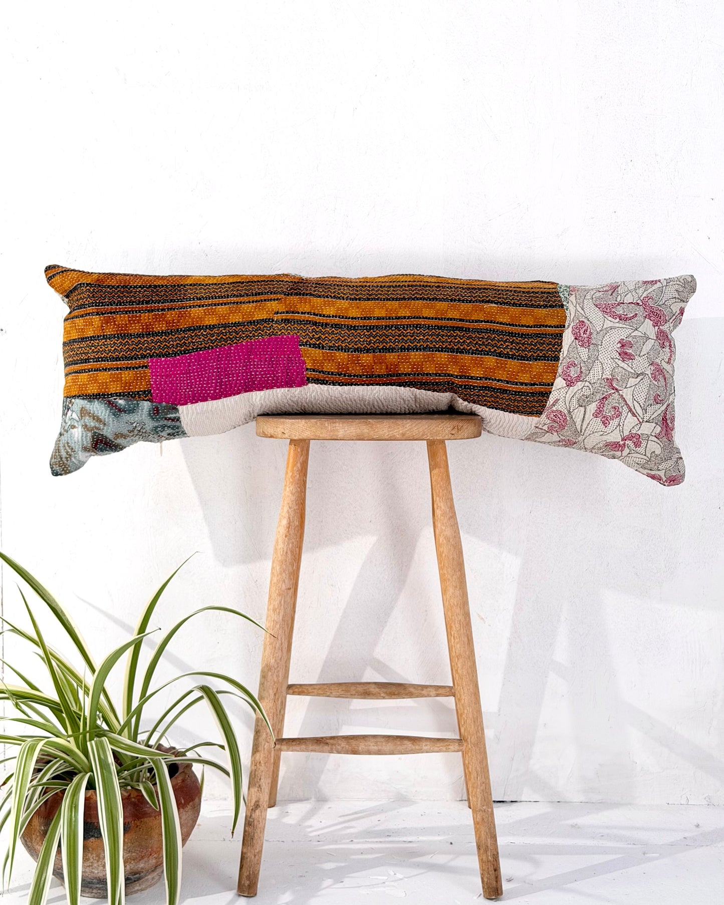 Vintage Kantha Bolster Cushion Cover In Patchwork Orange, Blue and White - 100cm