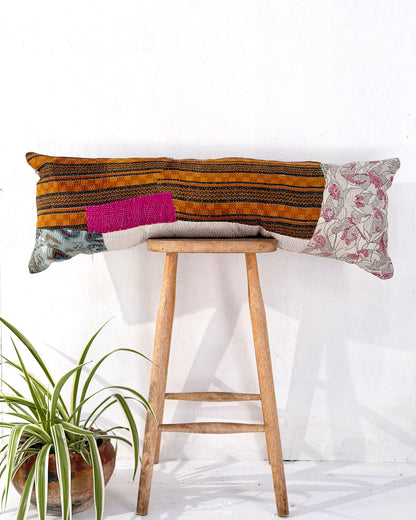 Vintage Kantha Bolster Cushion Cover In Patchwork Orange, Blue and White - 100cm