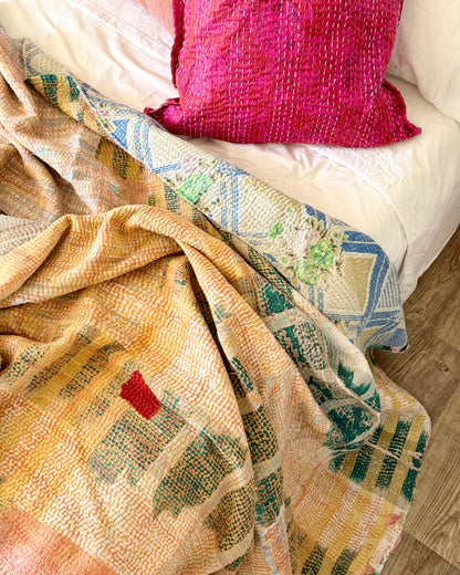 Large Textured Vintage Kantha Quilt in Pastel Pink and Blue
