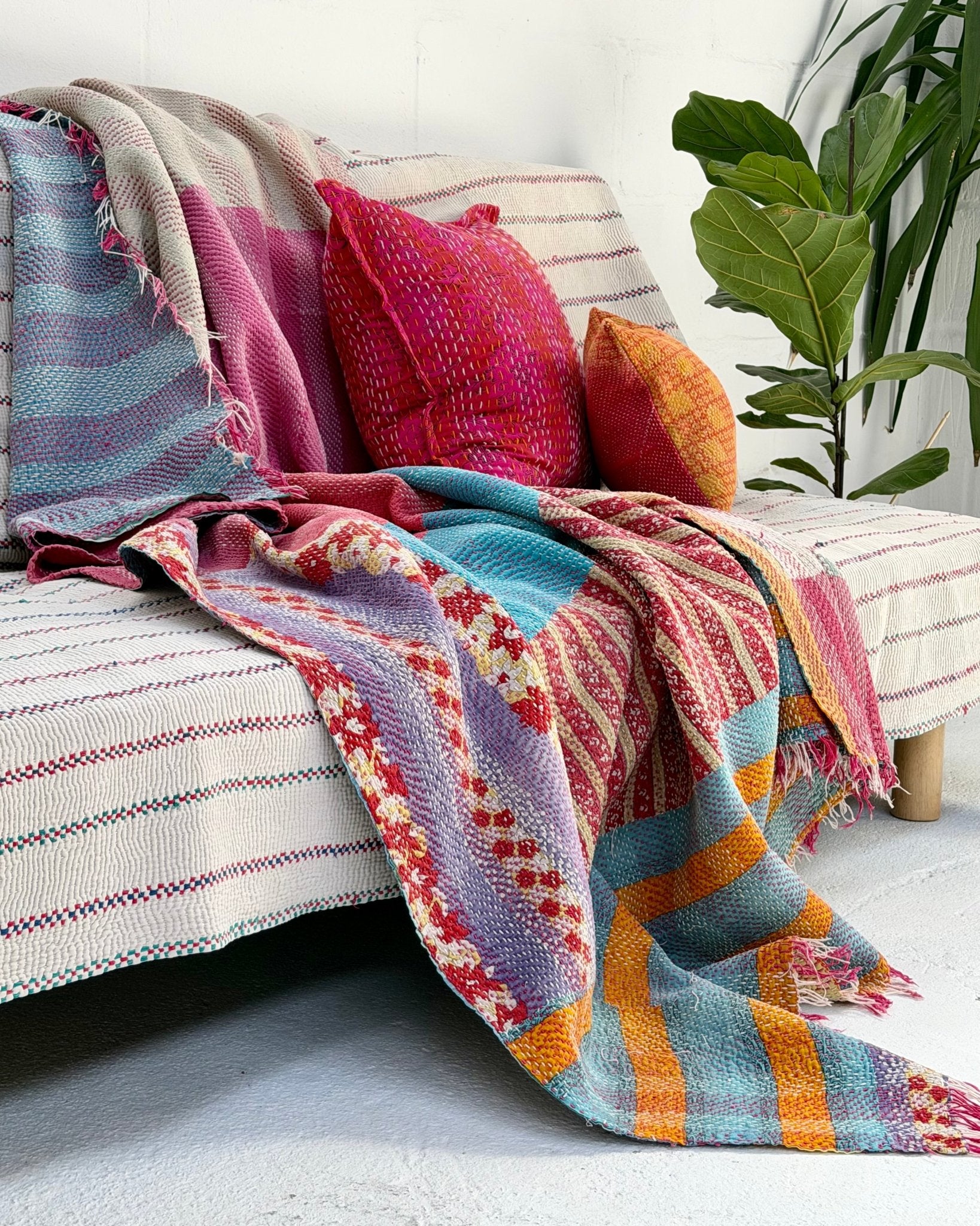 Heavy Kantha Blanket Quilt In Orange, Pink and Blue Colour Blocks - Biggs & Hill