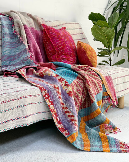 Heavy Kantha Blanket Quilt In Orange, Pink and Blue Colour Blocks - Biggs & Hill