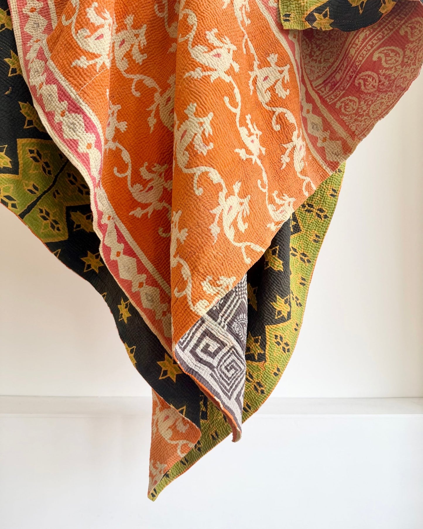Large Fine Stitched Vintage Kantha Quilt In Orange, Black and Green - Biggs & Hill