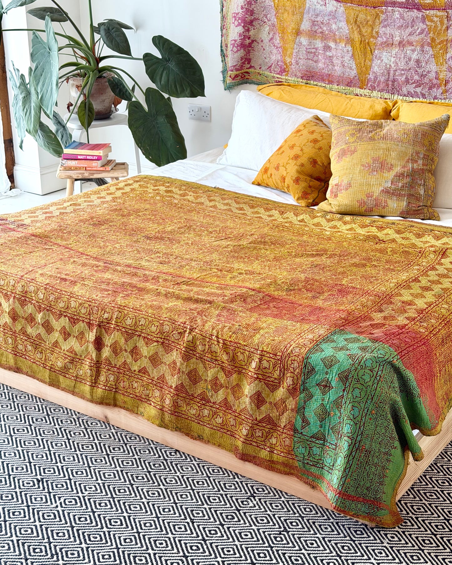 Extra Large Ajrakh Printed Vintage Kantha Quilt In Green-Gold