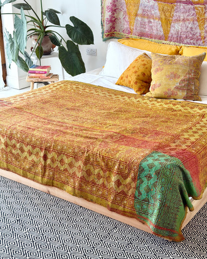 Extra Large Ajrakh Printed Vintage Kantha Quilt In Green-Gold