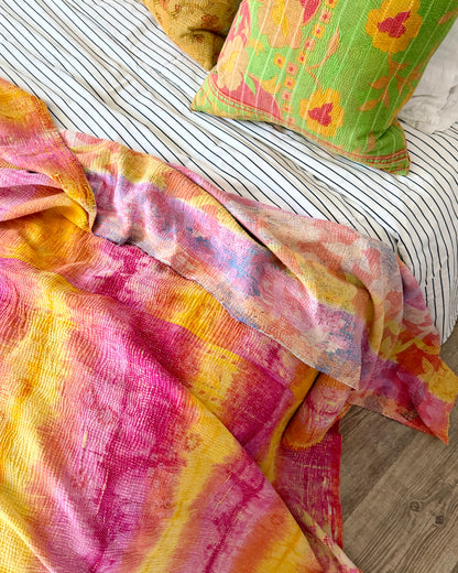 Large Fine Stitched Vintage Kantha Quilt in Pink and Yellow