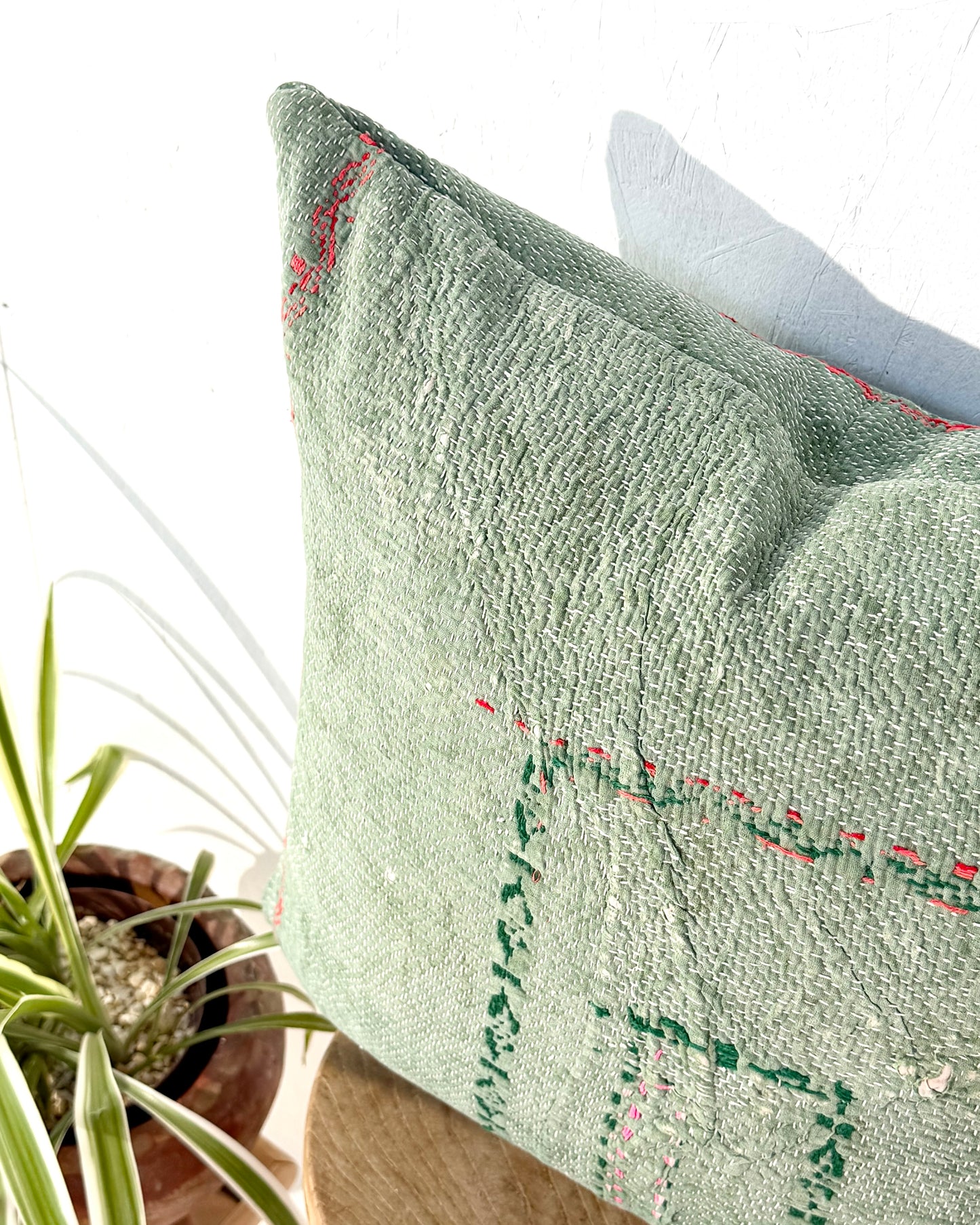 Vintage Kantha Cushion Cover In Soft Green With Orange Embroidery - 50cm Square