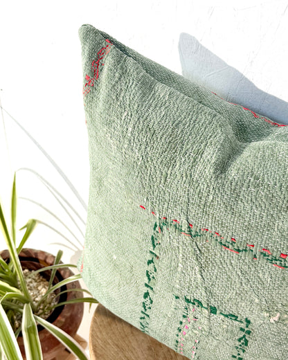 Vintage Kantha Cushion Cover In Soft Green With Orange Embroidery - 50cm Square
