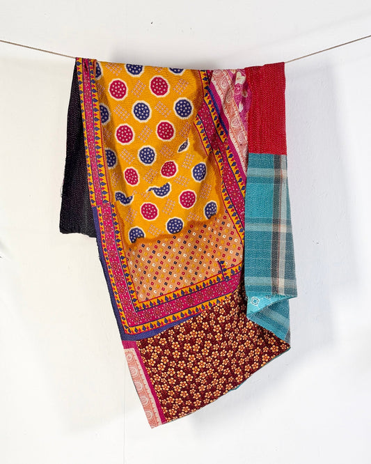 Large Fine Stitched Vintage Kantha Quilt in Pink, Turquoise and Yellow - Biggs & Hill