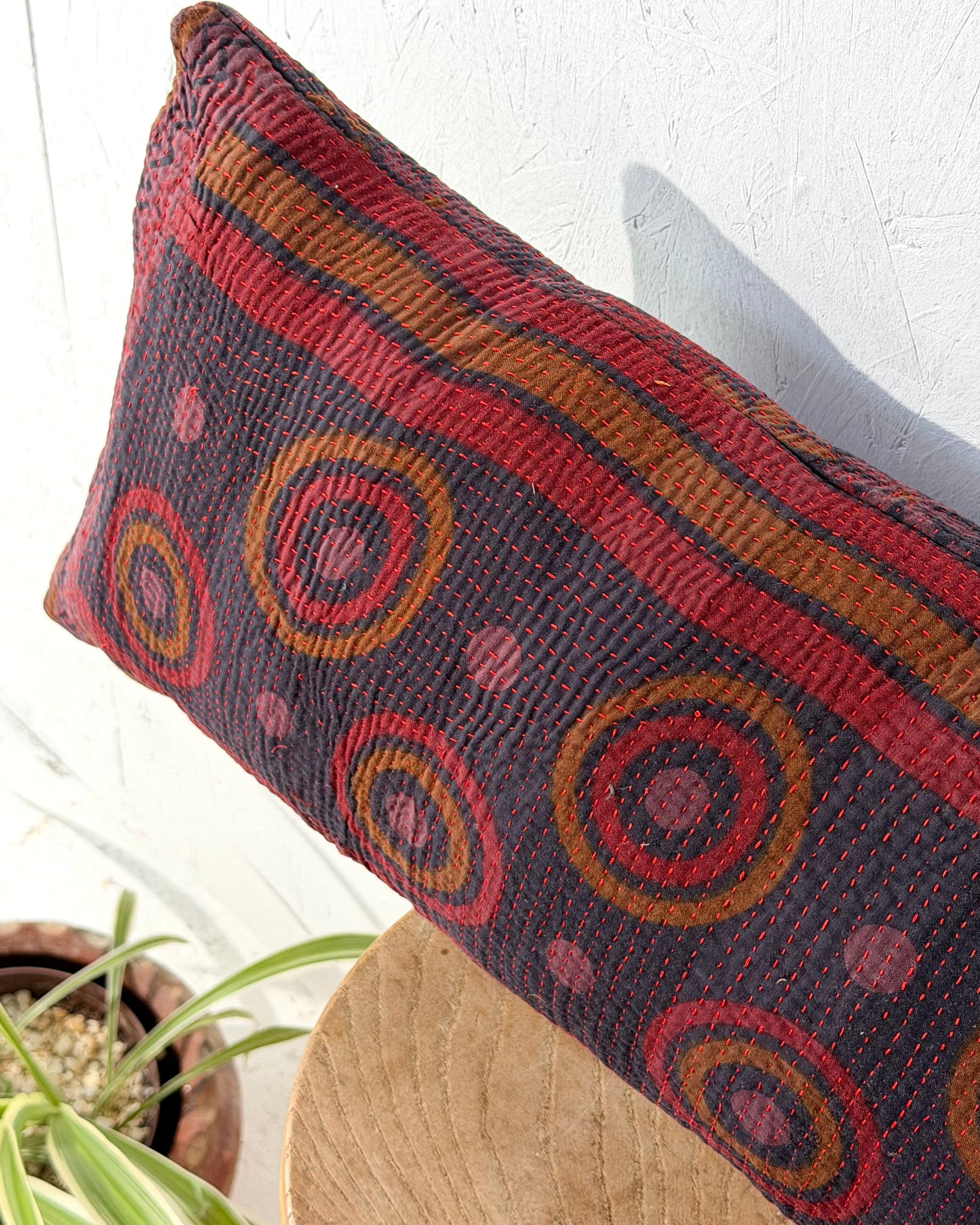 Vintage Kantha Bolster Cushion Cover In Deep Burgundy - 80cm