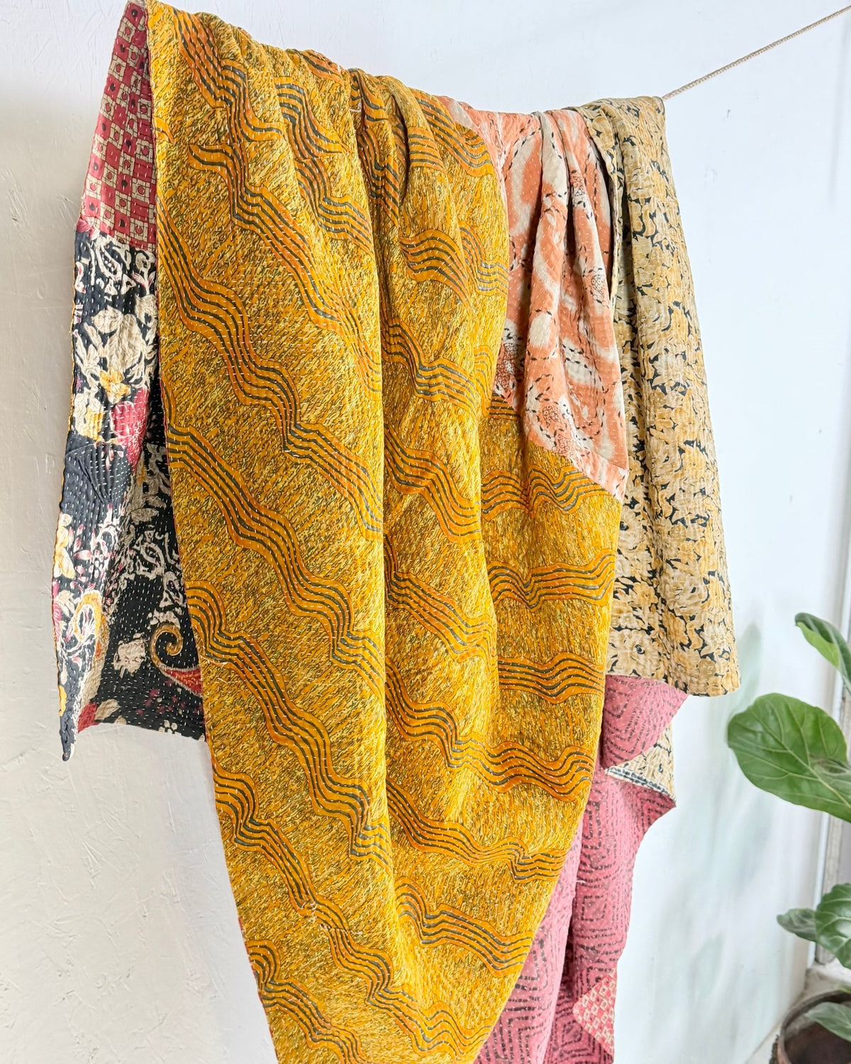 Fine Stitched Vintage Kantha Quilt in Peachy Pink and Mustard - Biggs & Hill