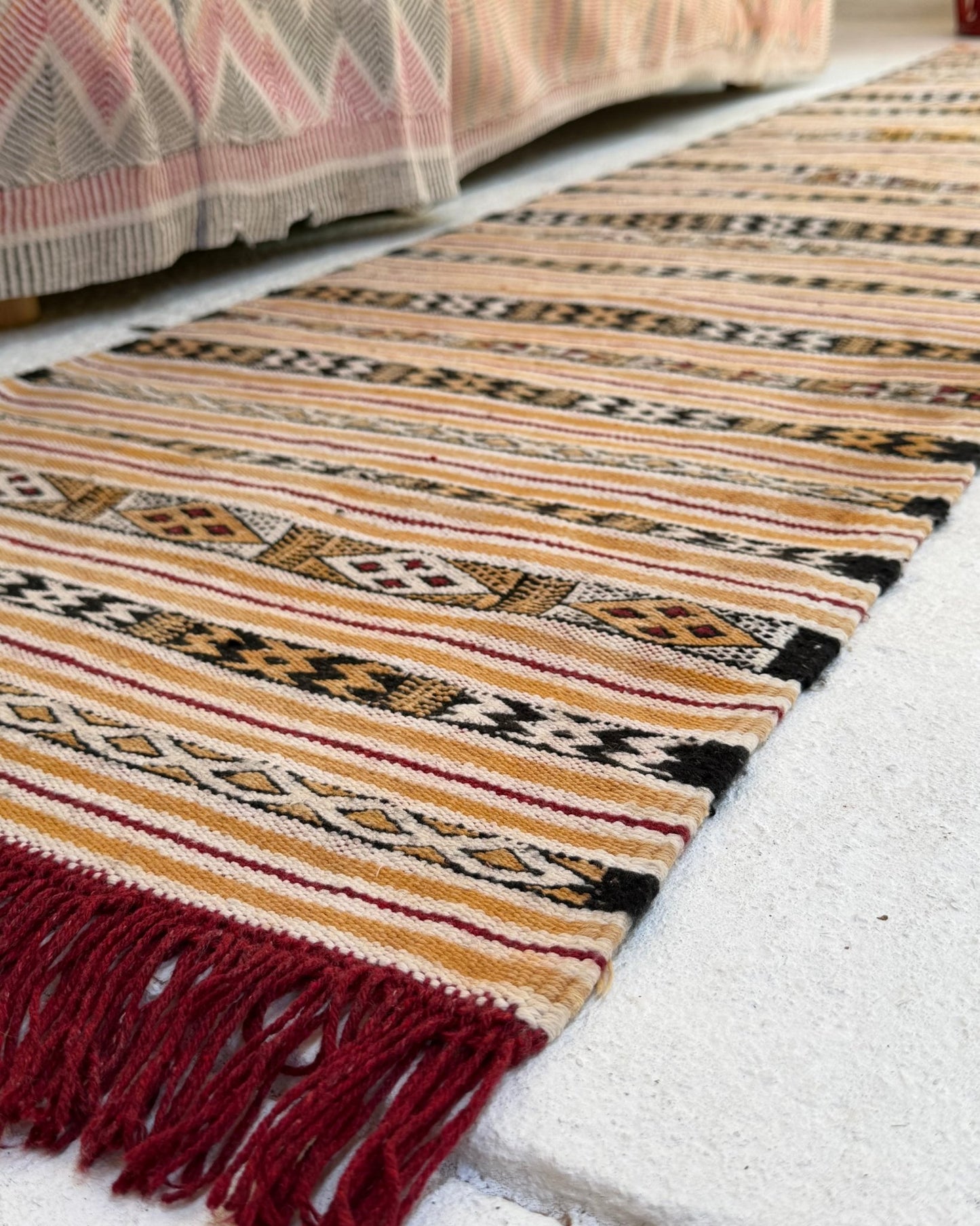 White and Yellow Vintage Turkish Cotton Kilim Runner - Biggs & Hill