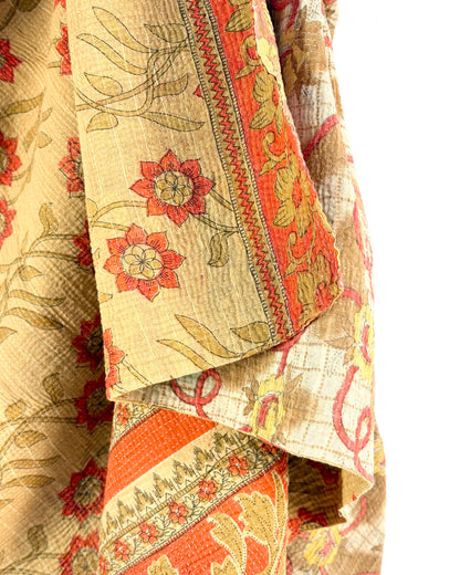 Large Fine Stitched Vintage Kantha Quilt in Orange and Beige