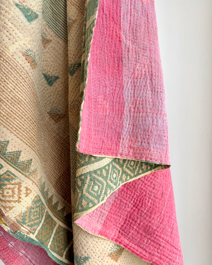 Fine Stitched Vintage Kantha Quilt in Super Soft Pink and Olive Green