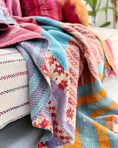 Heavy Kantha Blanket Quilt In Orange, Pink and Blue Colour Blocks - Biggs & Hill