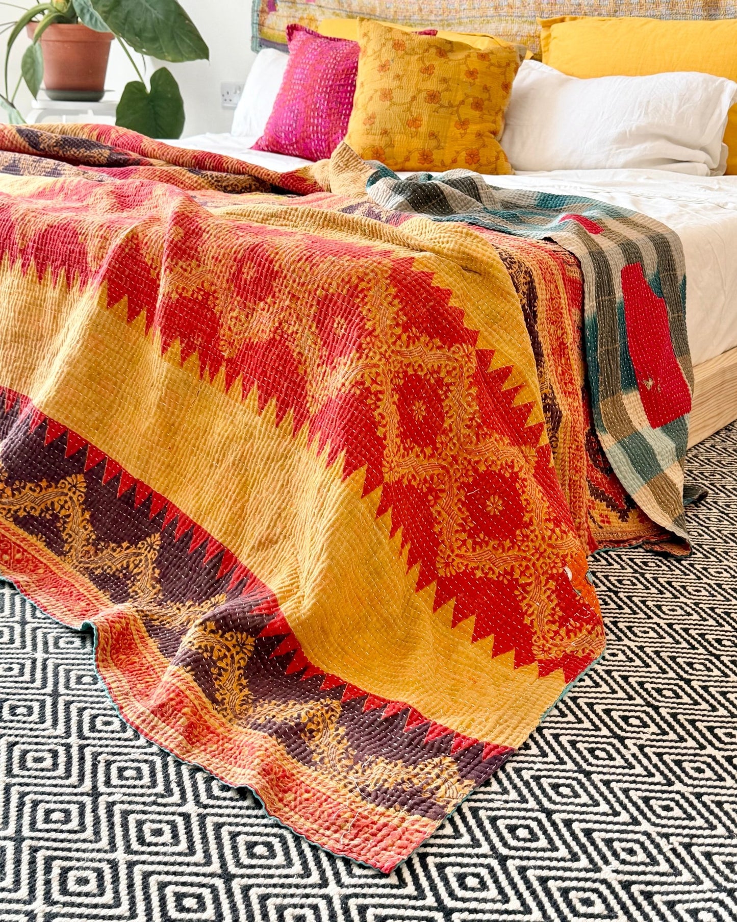 Extra Large Textured Vintage Kantha Quilt In Geometric Yellow, Black and Orange - Biggs & Hill