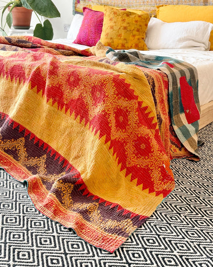 Extra Large Textured Vintage Kantha Quilt In Geometric Yellow, Black and Orange - Biggs & Hill