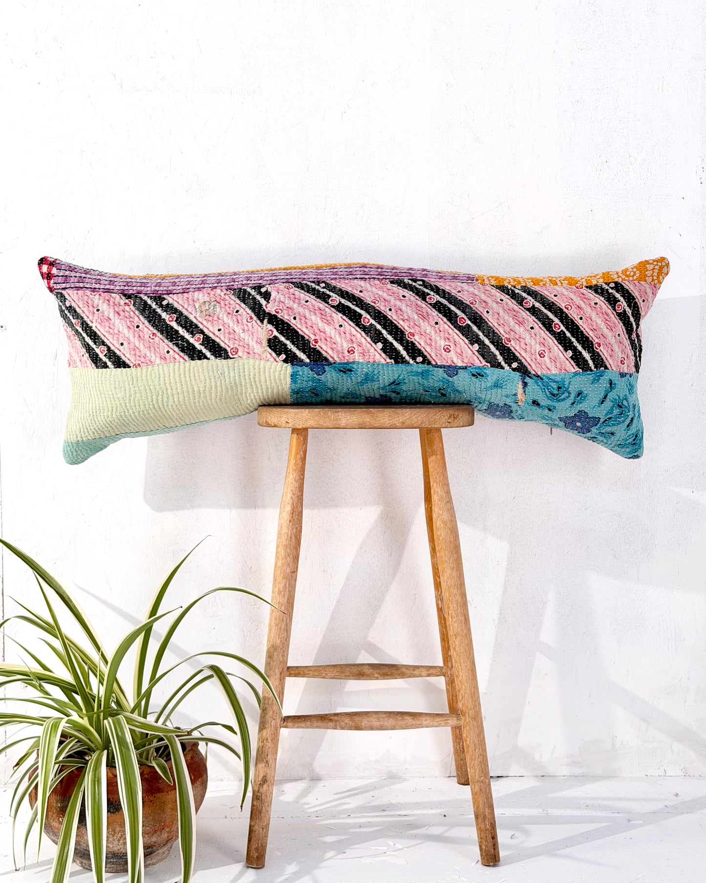 Vintage Kantha Bolster Cushion Cover In Patchwork Blue and Yellow - 100cm