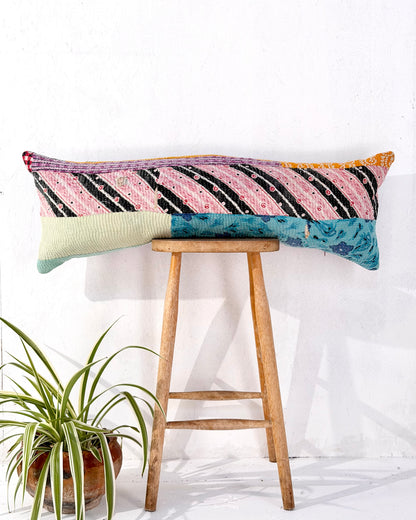 Vintage Kantha Bolster Cushion Cover In Patchwork Blue and Yellow - 100cm