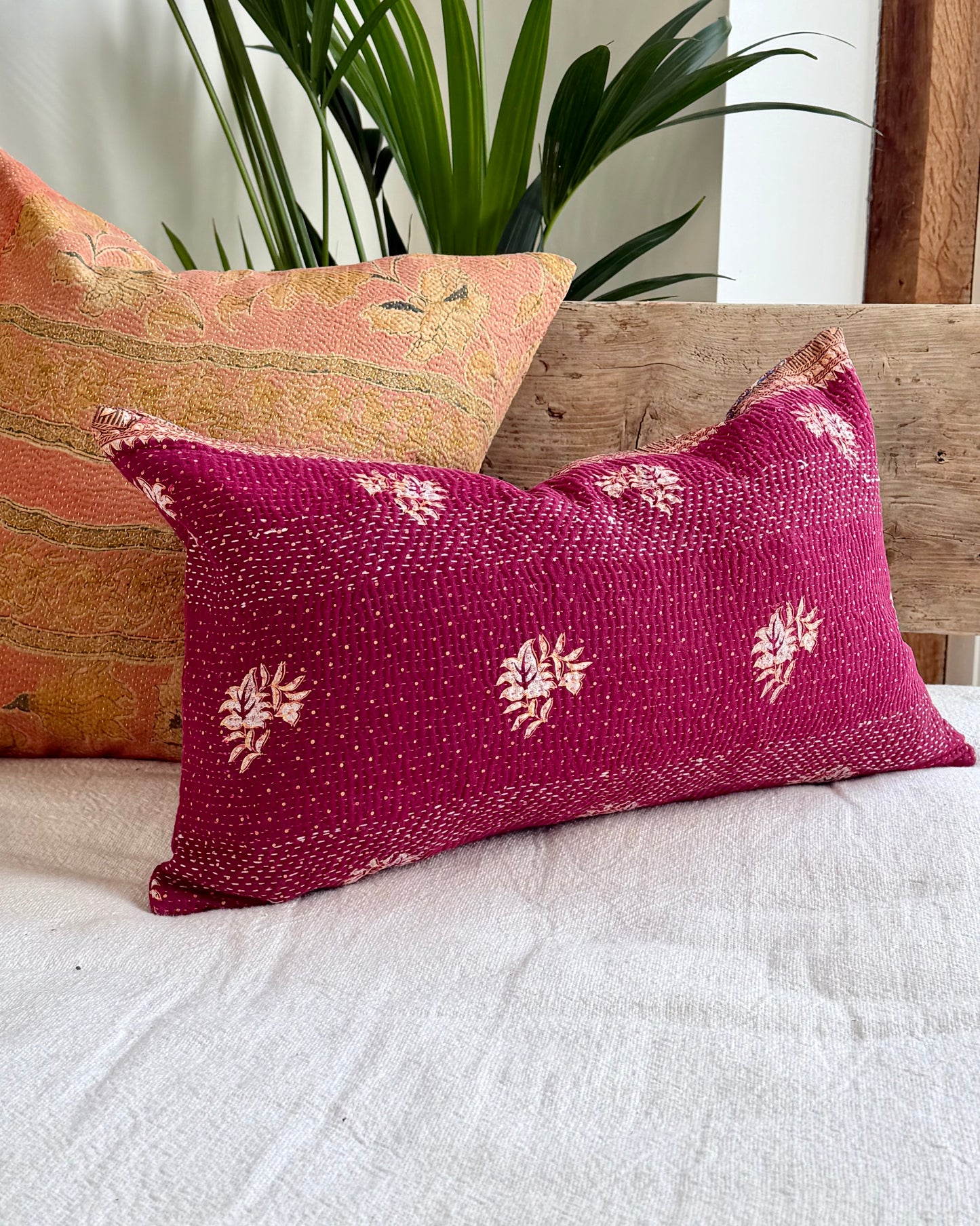 Vintage Kantha Cushion In Burgundy and Gold - Small Rectangular