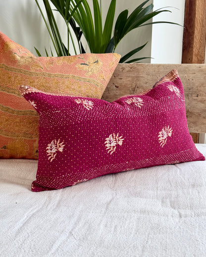 Vintage Kantha Cushion In Burgundy and Gold - Small Rectangular
