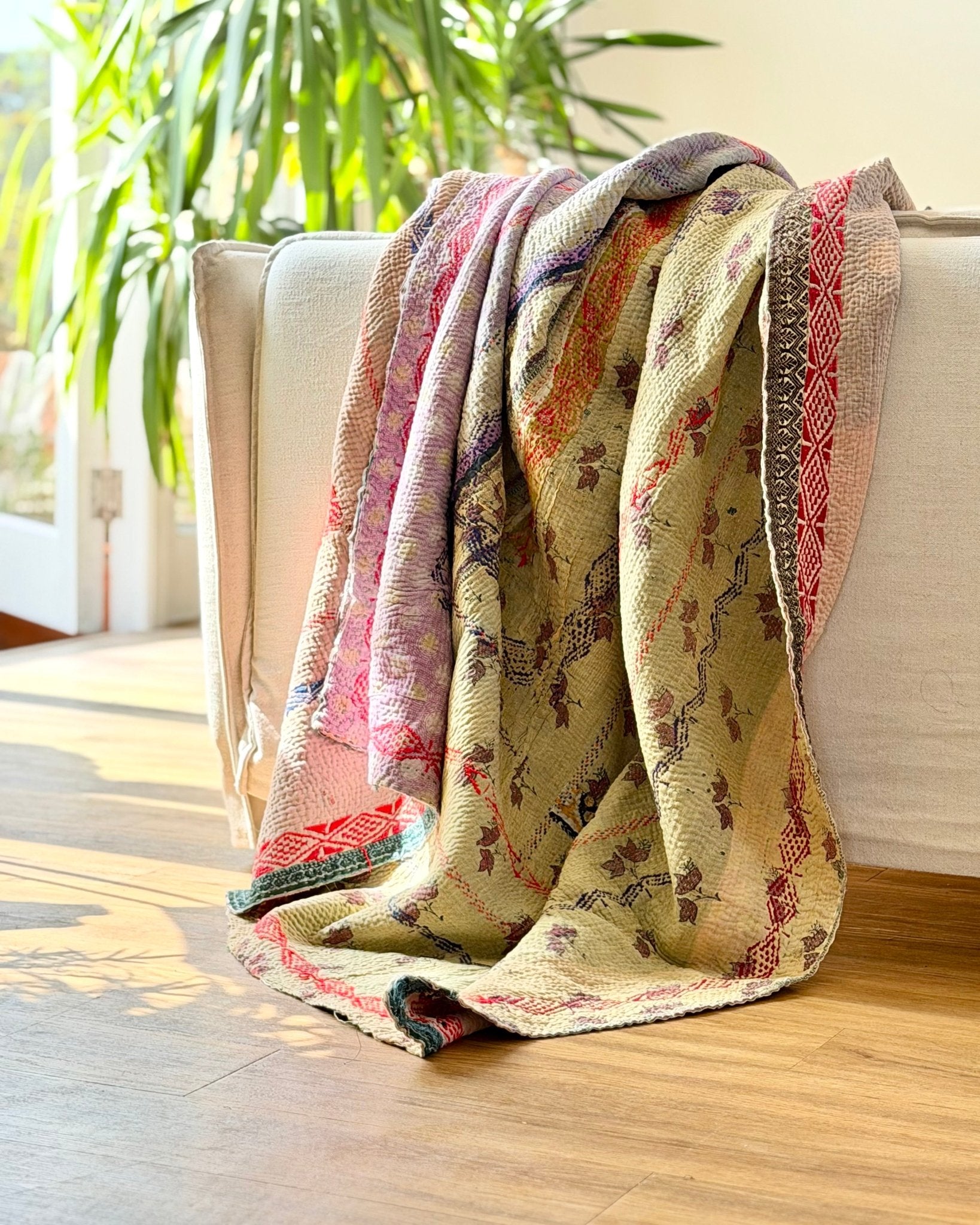 Embroidered Vintage Kantha Quilt in Yellow, Pink and Lilac - Biggs & Hill