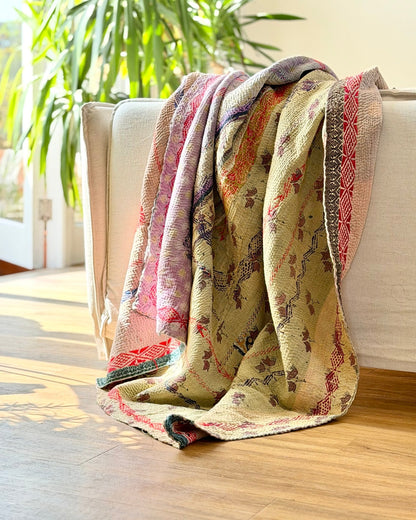 Embroidered Vintage Kantha Quilt in Yellow, Pink and Lilac - Biggs & Hill