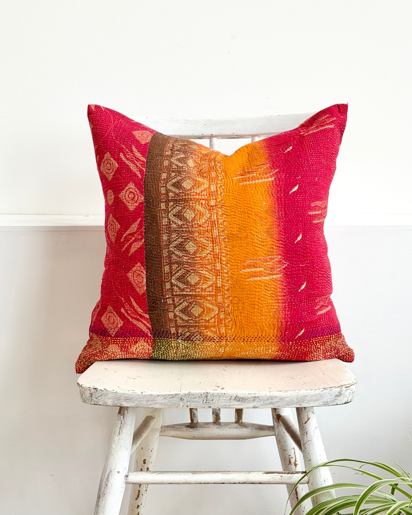 Vintage Kantha Cushion In Sunset Red and Orange - 45cm Square