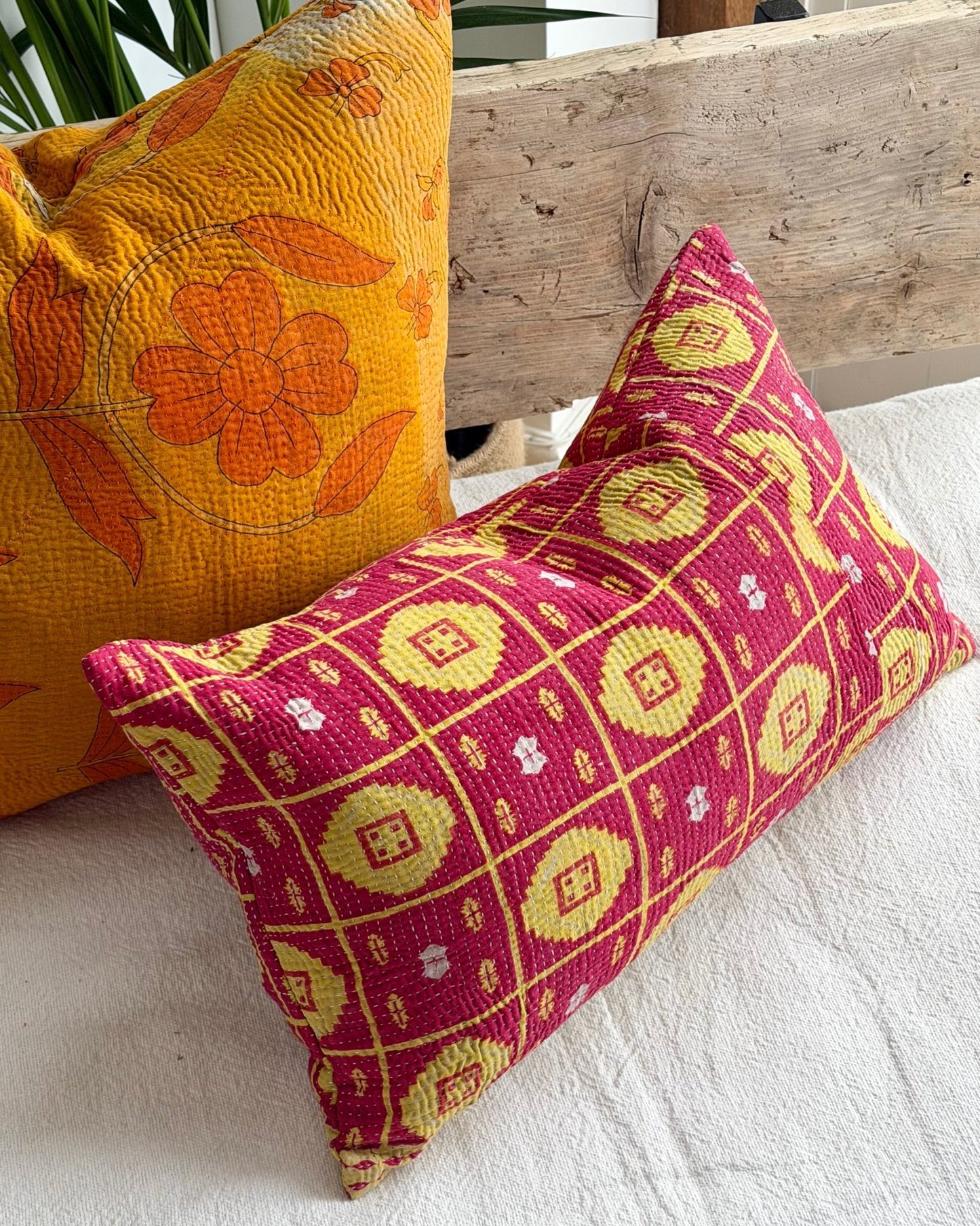 Vintage Kantha Cushion Cover In Lime Green and Pink - Small Rectangular - Biggs & Hill