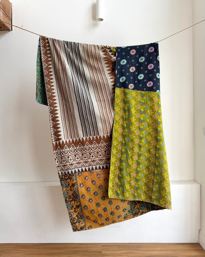 Extra Large Fine Stitched Vintage Kantha Quilt in Vibrant Green and Blue - Biggs & Hill