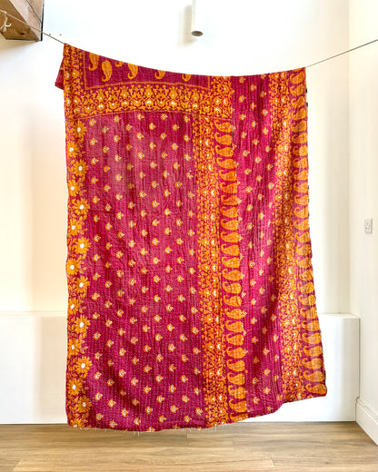 Vintage Cotton Kantha Quilt With Pink Square Pattern #37