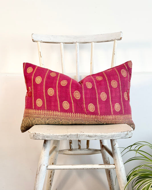 Vintage Kantha Cushion In Burgundy and Gold Dots - Small Rectangular