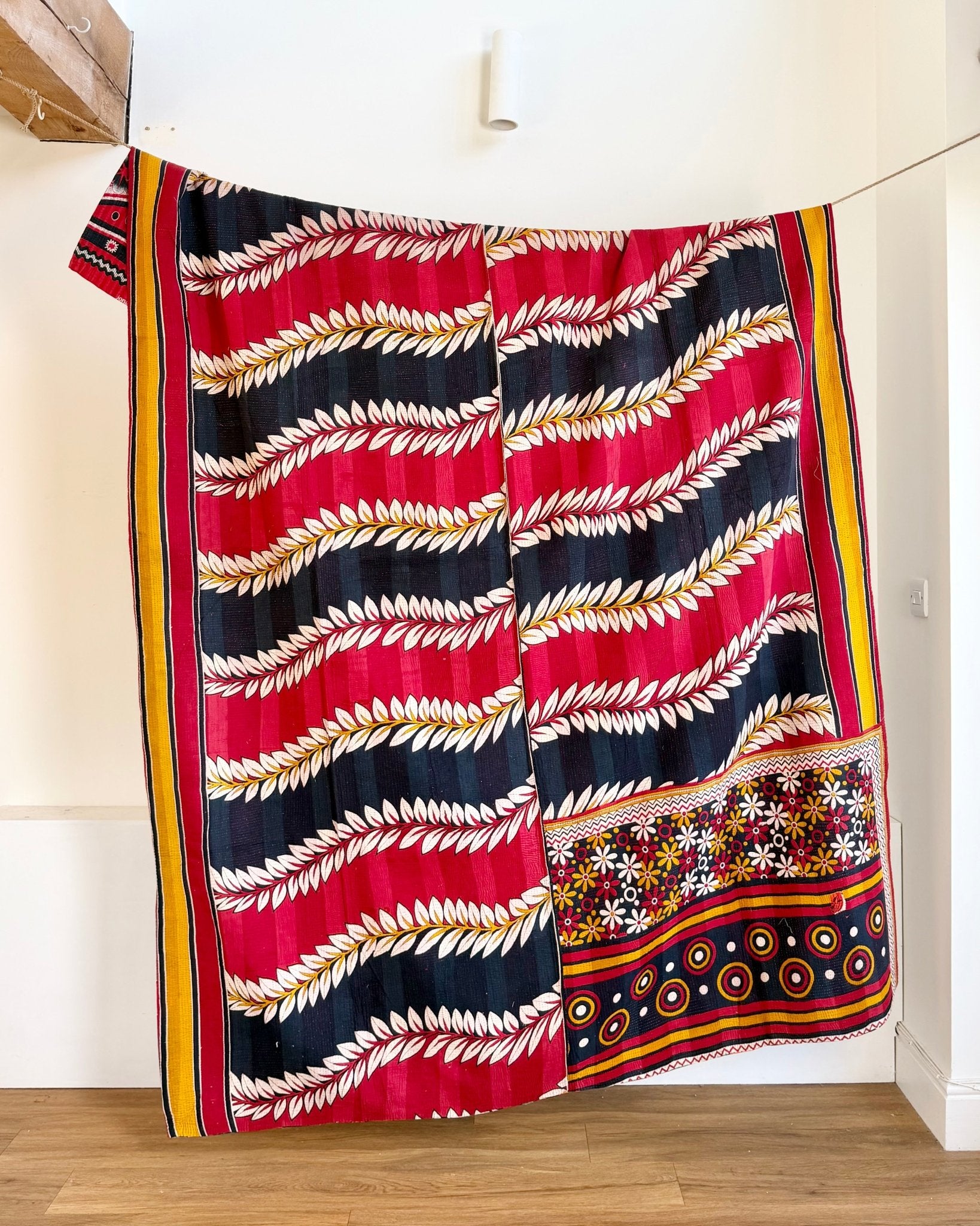 Extra Large Fine Stitched Vintage Kantha Quilt in Red, Navy and Green - Biggs & Hill