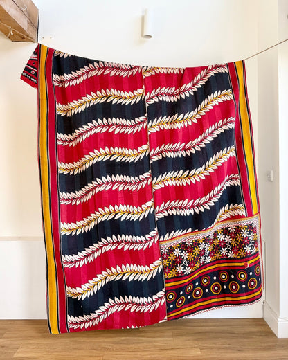 Extra Large Fine Stitched Vintage Kantha Quilt in Red, Navy and Green - Biggs & Hill