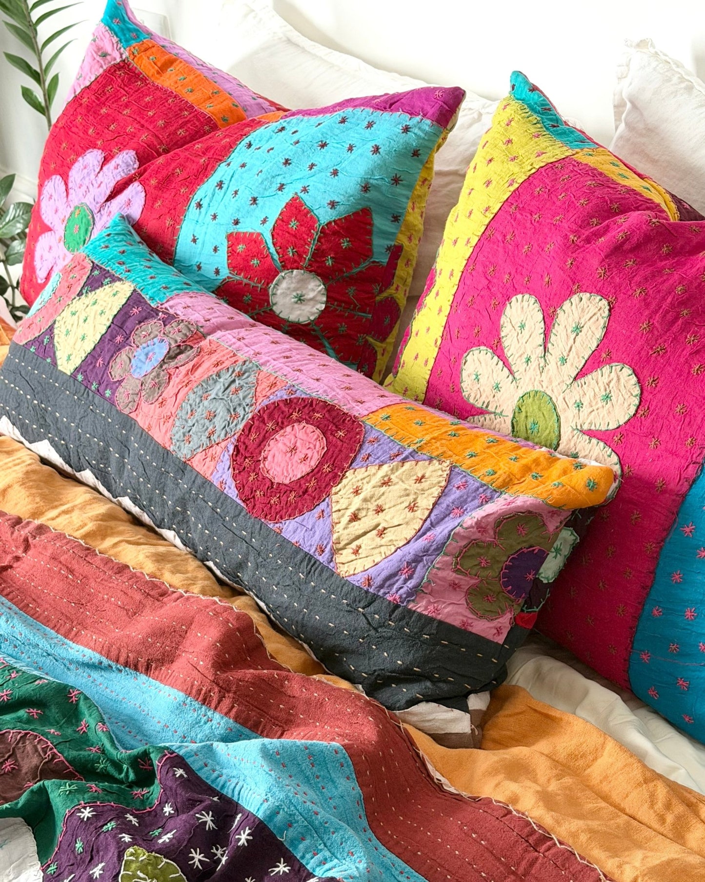 Reversible Hand Stitched Patchwork Pillow Cover 02 - Biggs & Hill