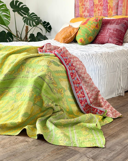 Large Fine Stitched Vintage Kantha Quilt in Bright Green and Red Floral - Biggs & Hill