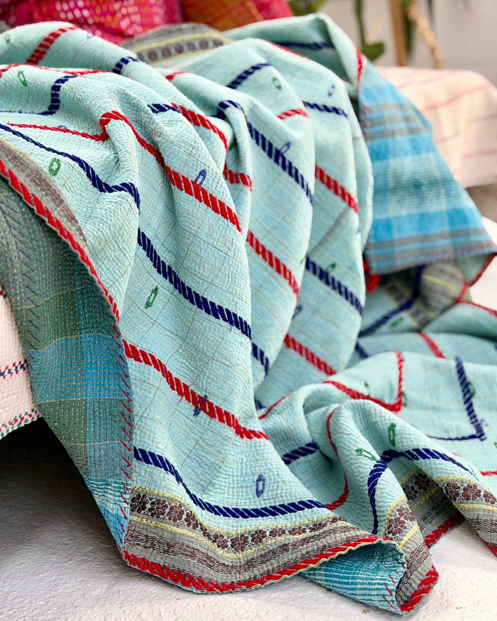 Large Fine Stitched Embroidered Vintage Kantha Quilt in Bahama Blue - Biggs & Hill