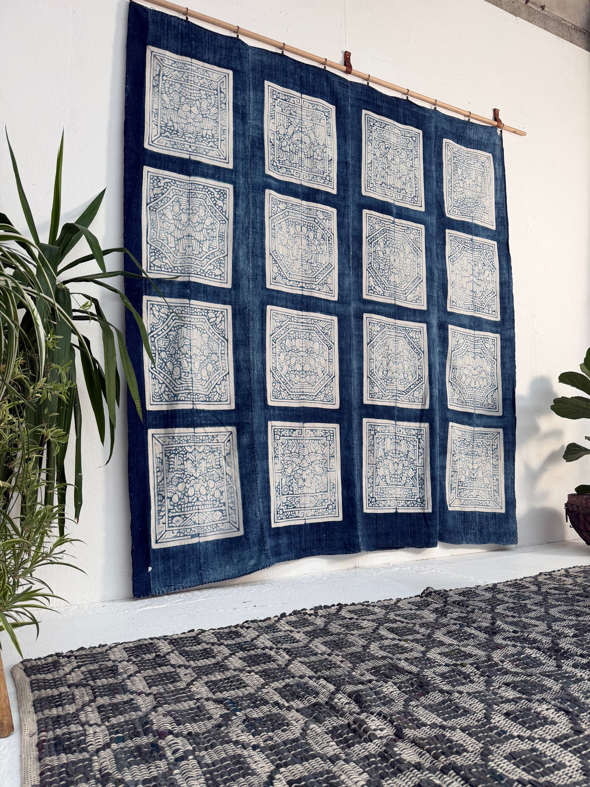 Vintage Chinese Blue Jiaxie Wedding Quilt Face – Drama Pattern