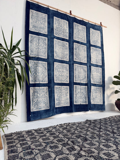 Vintage Chinese Blue Jiaxie Wedding Quilt Face – Drama Pattern