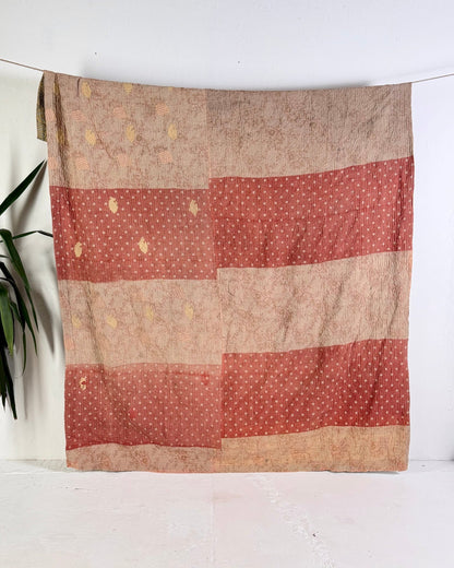 Large Fine Stitched Vintage Kantha Quilt in Soft Green and Brown - FIRST picture - Biggs & Hill
