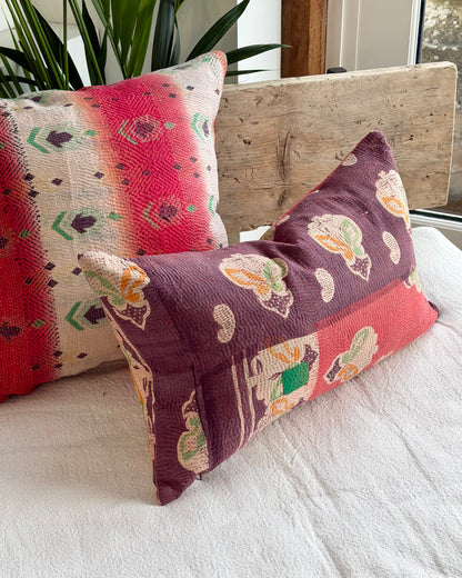 Vintage Kantha Cushion In Pink and Purple Floral - Small Rectangular
