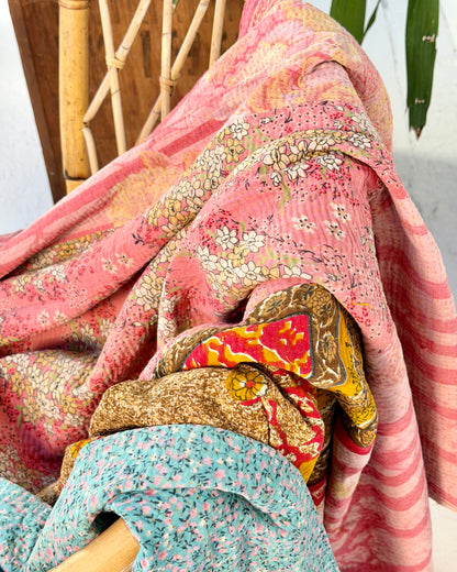 Extra Large Large Fine Stitched Vintage Kantha Quilt in Vibrant Pink, Turquoise, Mustard and Red