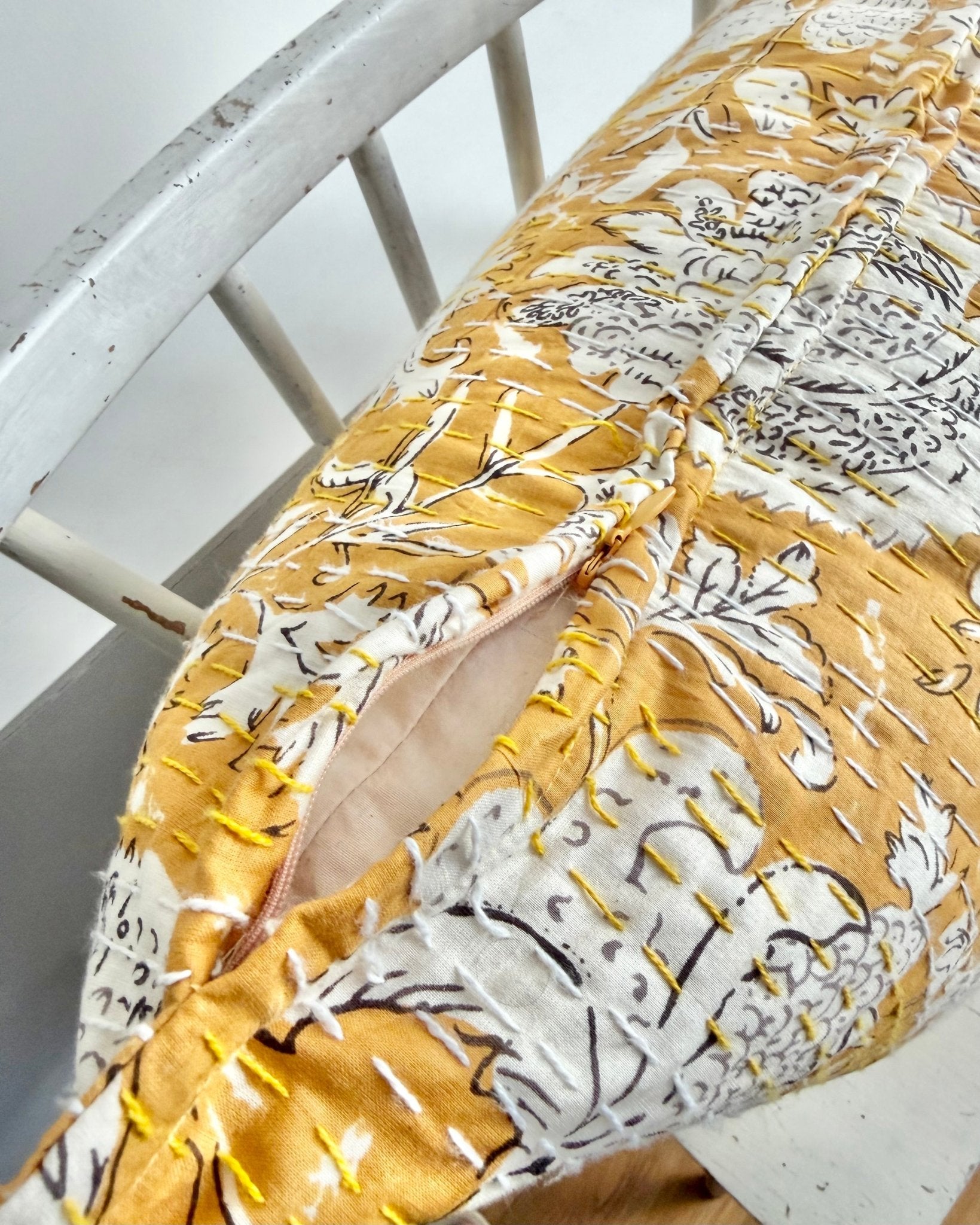 Mustard Yellow Floral Cushion, Block Printed and Hand Stitched Kantha Cotton - Biggs & Hill